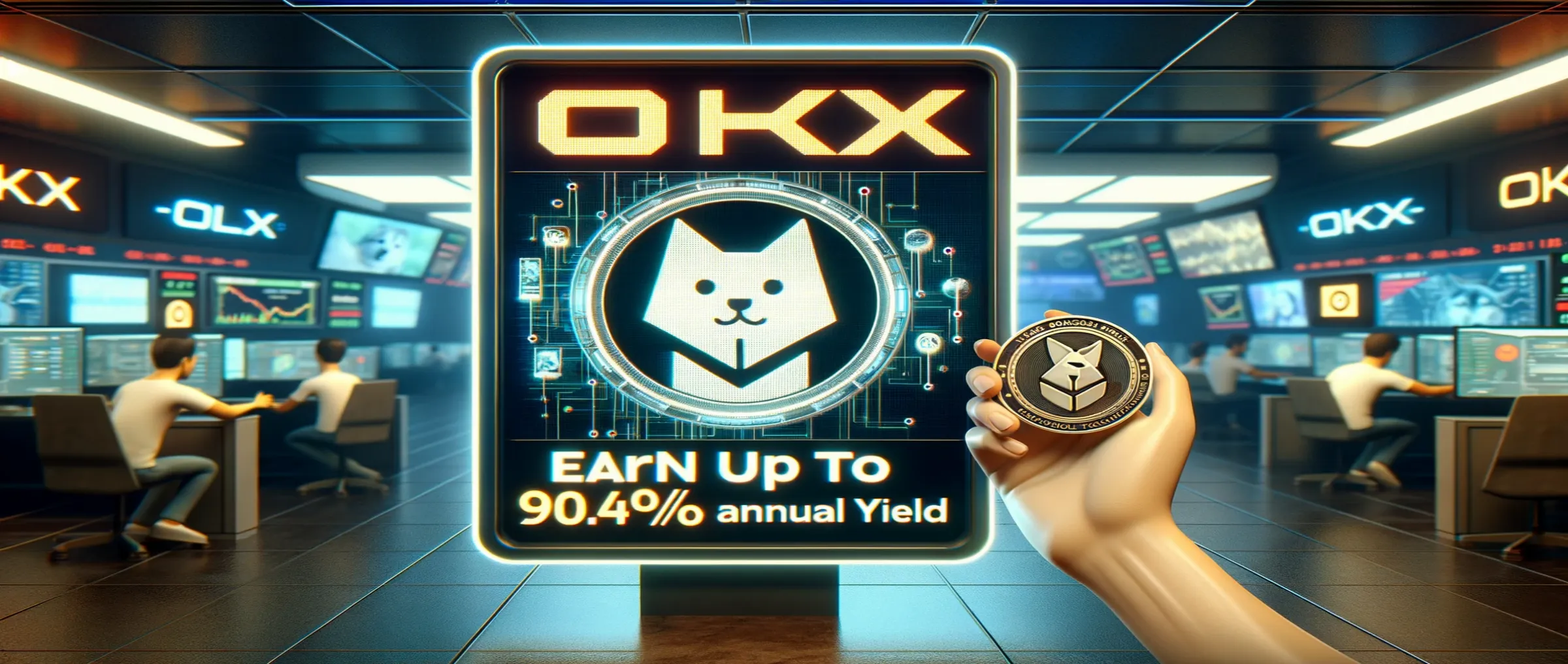 On the OKX exchange, you can get up to 90.47% per annum for blocking Floki