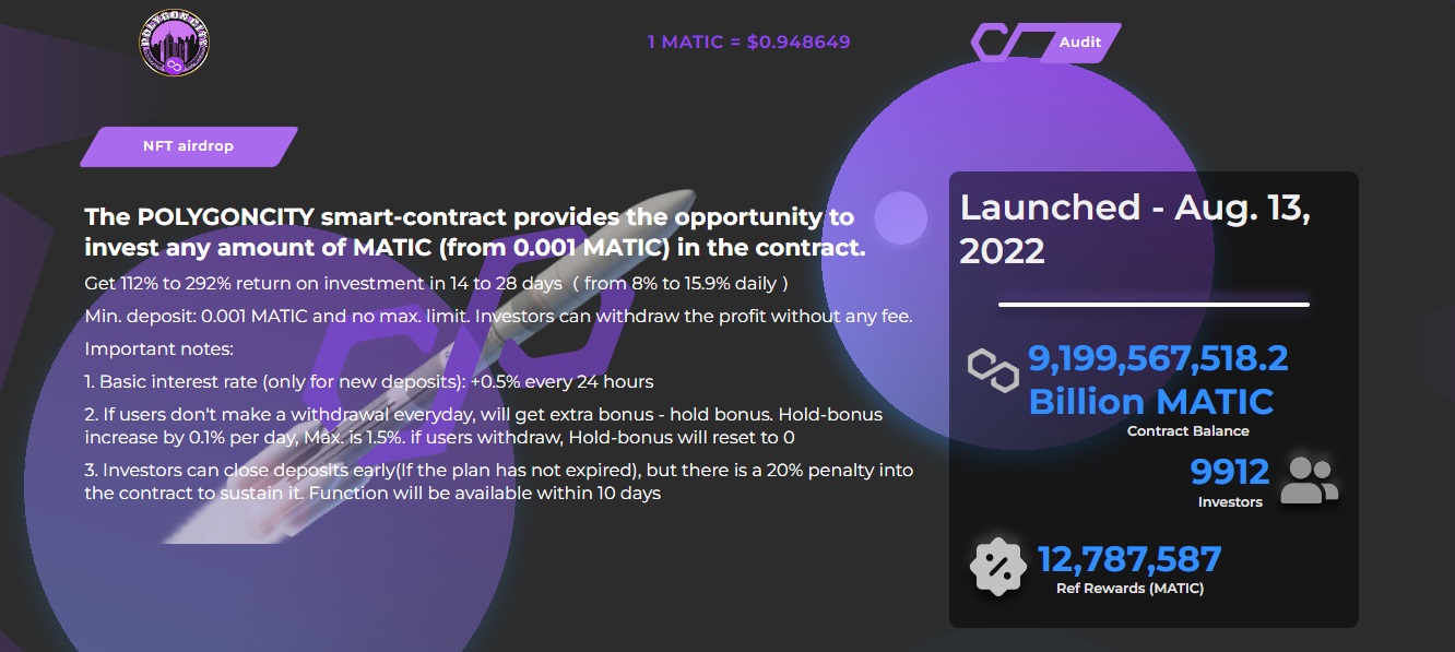 POLYGONCITY- 13.7% Daily POLYGONCITY- 13.7% Daily - проект на блокчейне с постоянным заработком