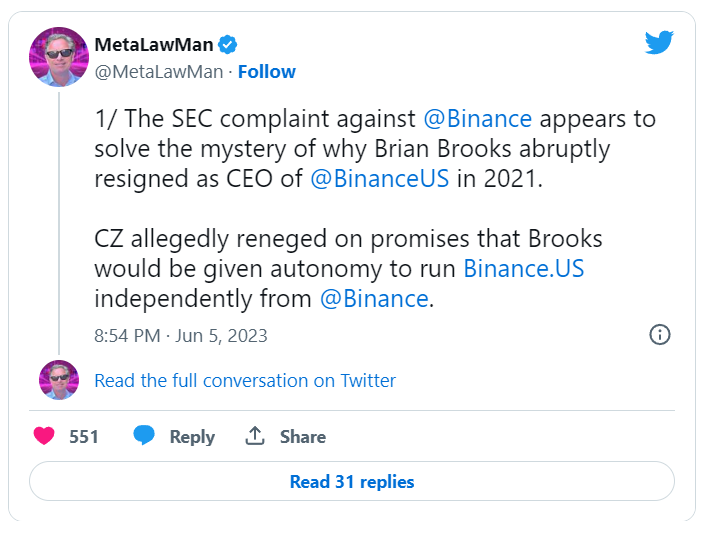 SEC Complaint Suggests Reasons Behind Brian Brooks' Resignation as CEO of Binance.US - news