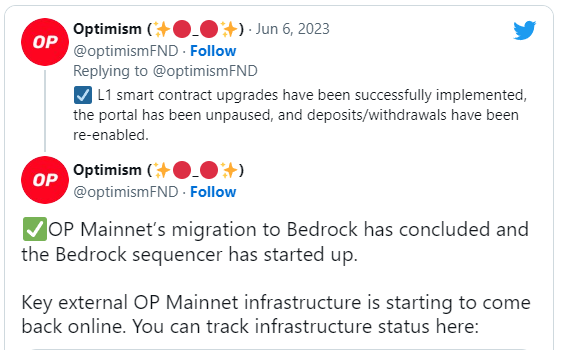 Optimism achieves successful implementation of 'Bedrock' hard fork, resulting in decreased deposit durations and layer-1 charges - news