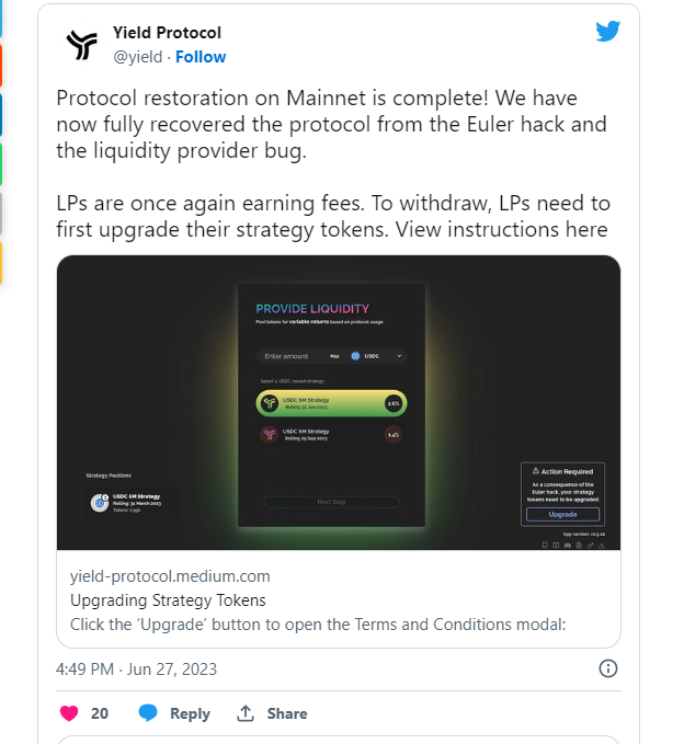 Yield Protocol announces successful recovery from the Euler hack and is now awaiting the token exchange from its users - news