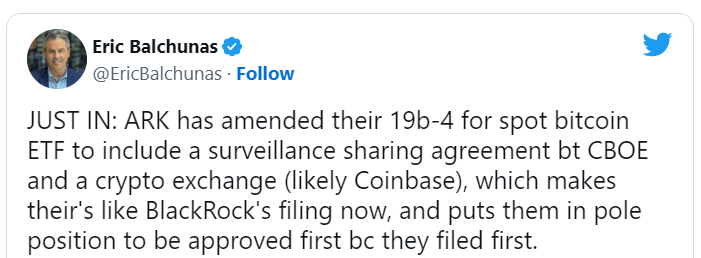 As the competition for a Bitcoin ETF intensifies, ARK Invest enhances its application by incorporating a surveillance agreement. - news