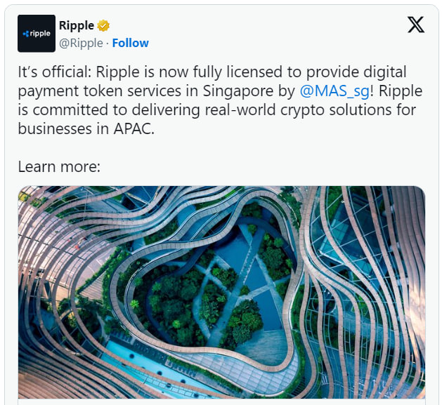 The cryptocurrency platform Ripple has now joined the increasing roster of MPI (Major Payments Institution) license holders in Singapore - news