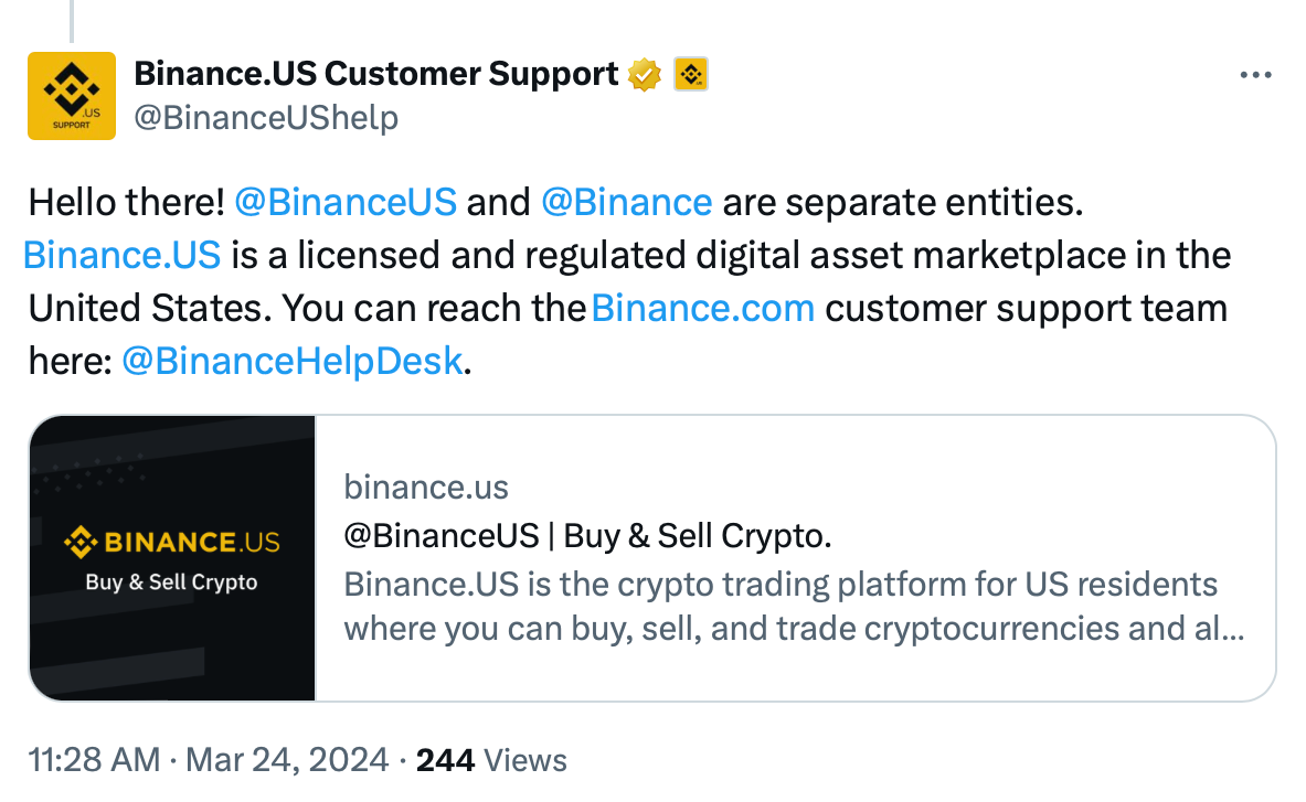 Customer Support Service of Binance.US
