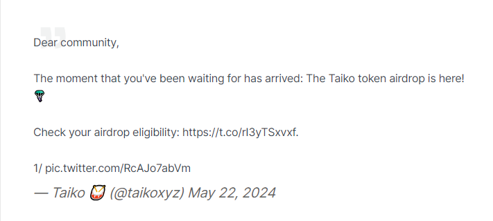 Taiko объявил о предстоящем аирдропе