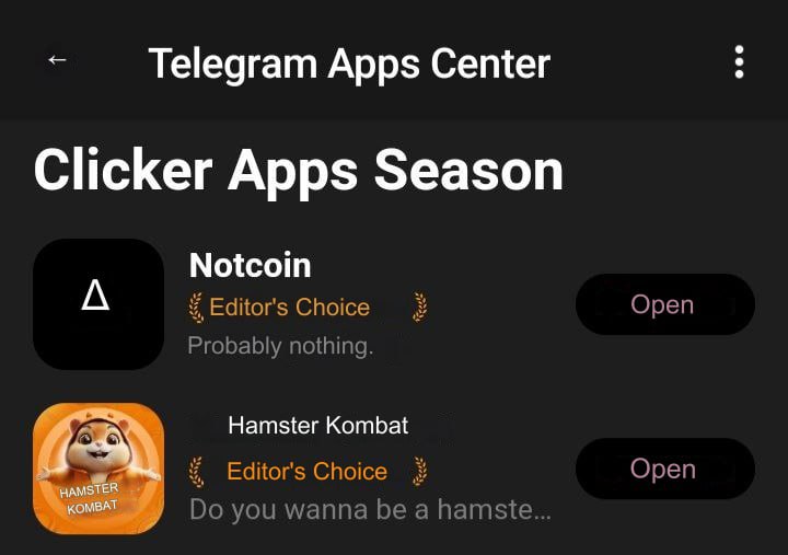 Notcoin and Hamster Kombat in the Telegram Apps Center catalog