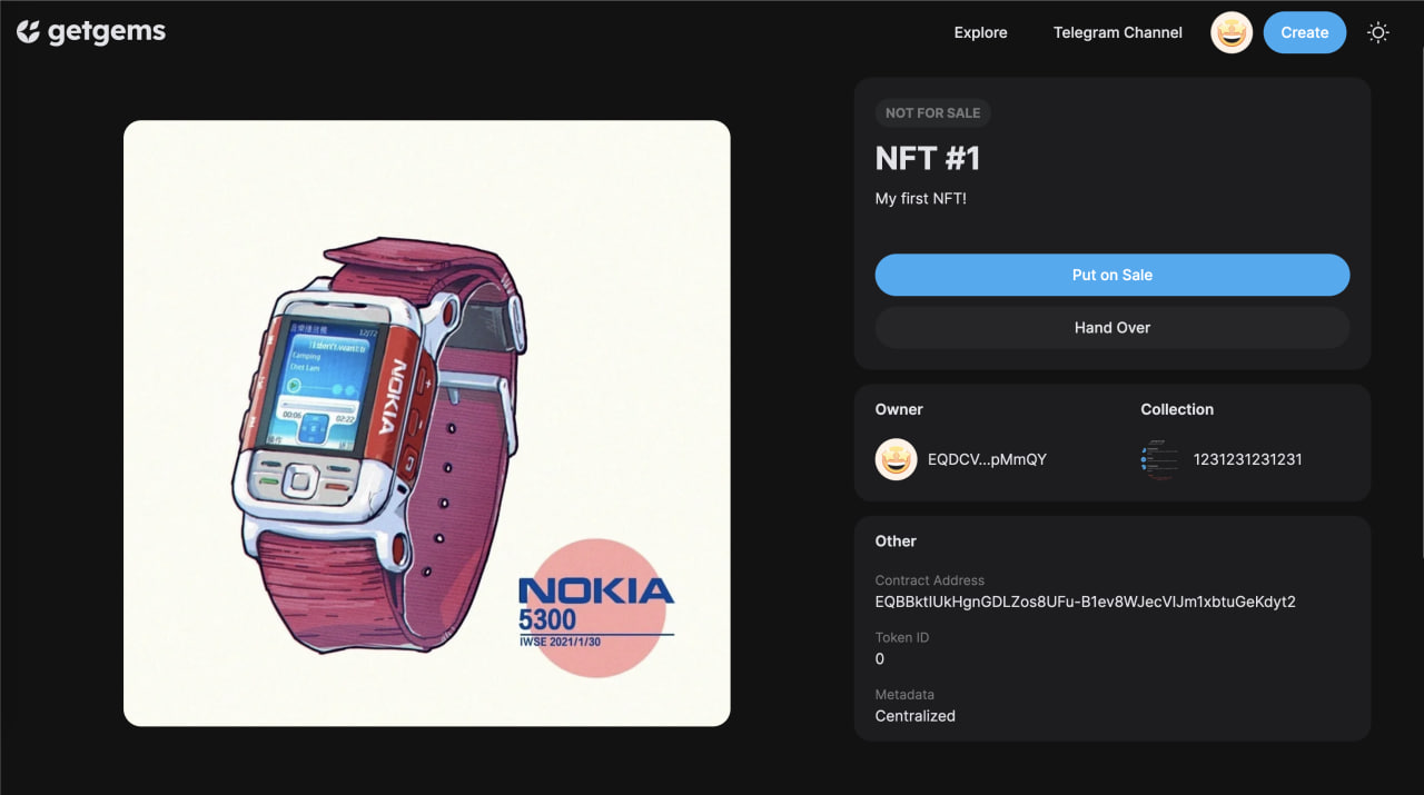 NFT management page in Getgems