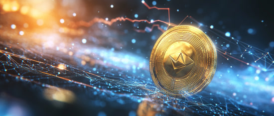 Монета с логотипом Nubit, окруженная графиками с плавными линиями и символами традиционных валют, на фоне глобальной блокчейн-сети