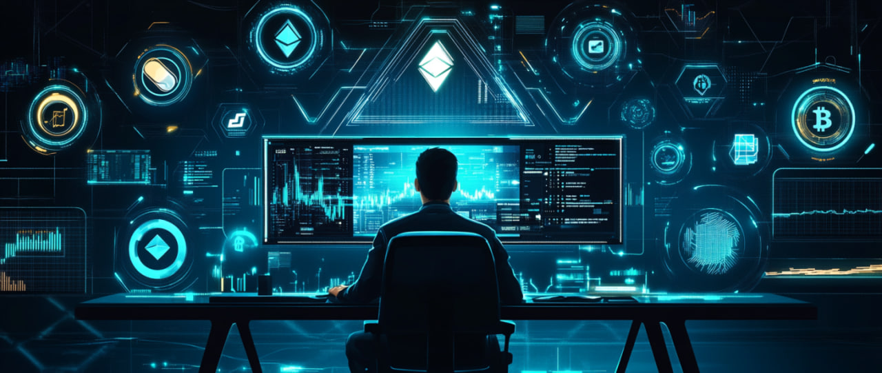 Trader at a computer with cryptocurrency charts on the screen, surrounded by digital symbols and blockchain elements.