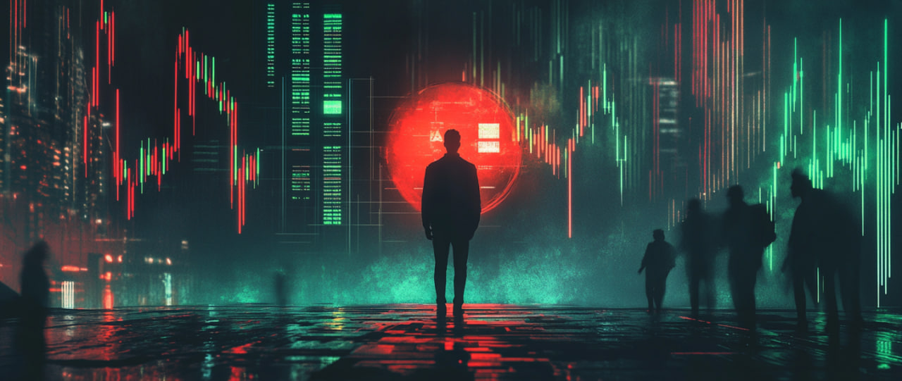 Токен RAIN Coin на фоне волатильного рынка с графиками, отображающими резкие колебания, и тревожными фигурами инвесторов.