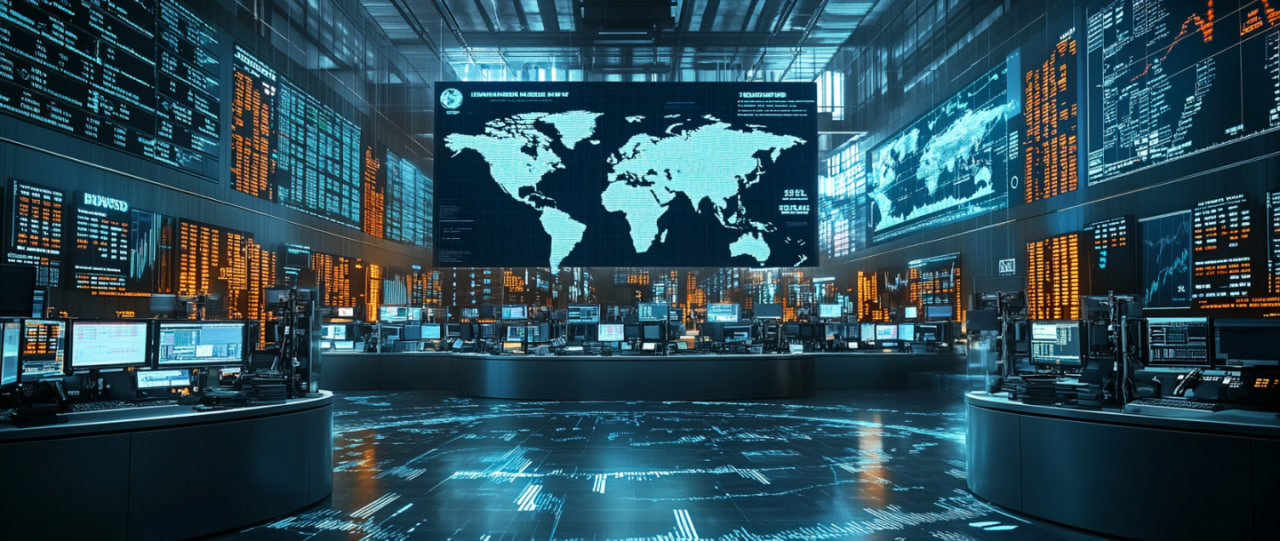 A trading floor with Cboe’s logo, stock tickers, and global currency symbols, illustrating the company's influence on global financial markets.