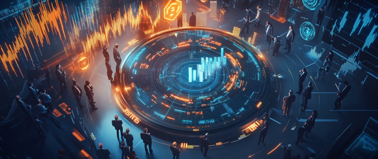 Cboe platform displaying cryptocurrency options charts, surrounded by institutional investors and symbols of regulation.