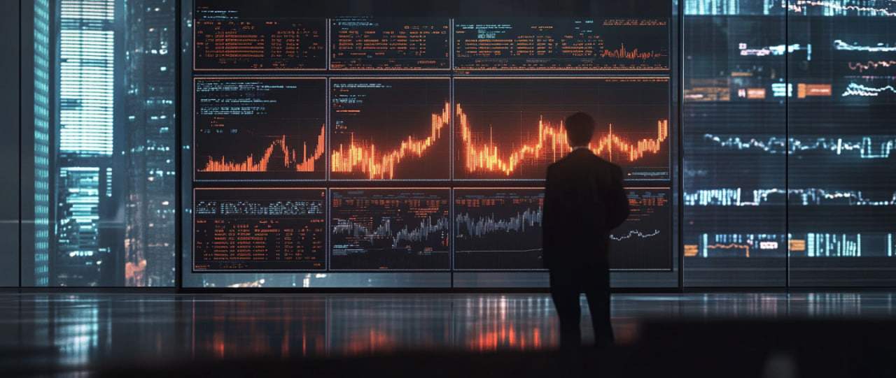 Person in front of a screen with volatile cryptocurrency charts and scam warnings, modern office