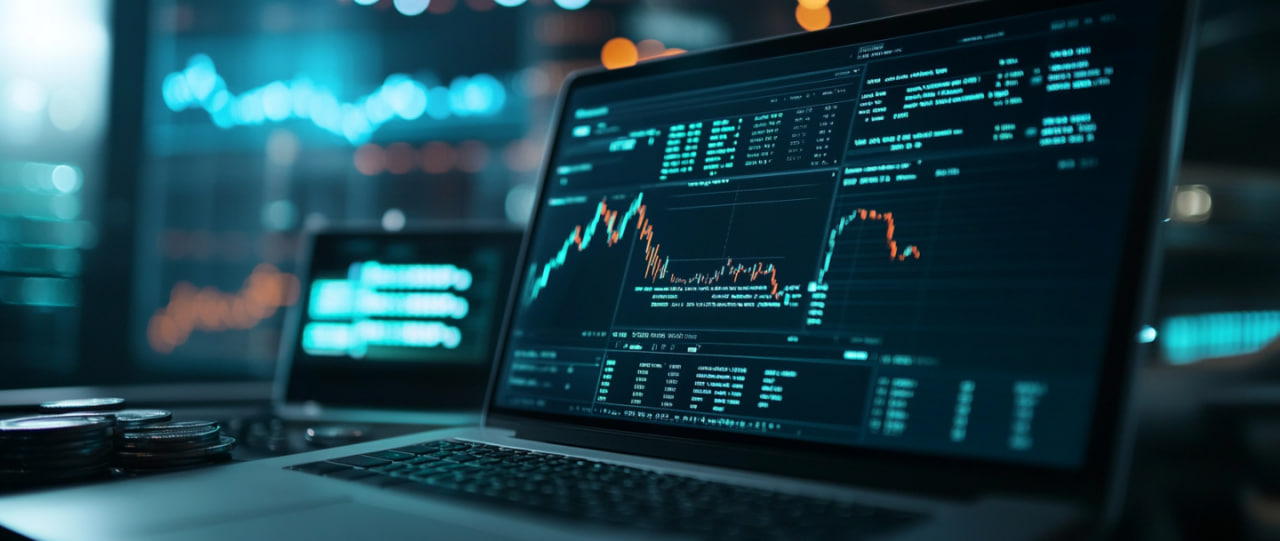 Laptop screen displaying charts and price indicators