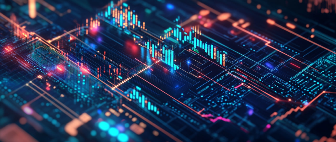 Graphic chip with an overlaid Bitcoin hashrate change chart