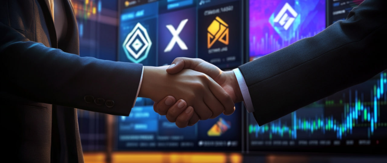 Handshake in front of the logos of X Protocol, SubQuery, SingularityDAO projects