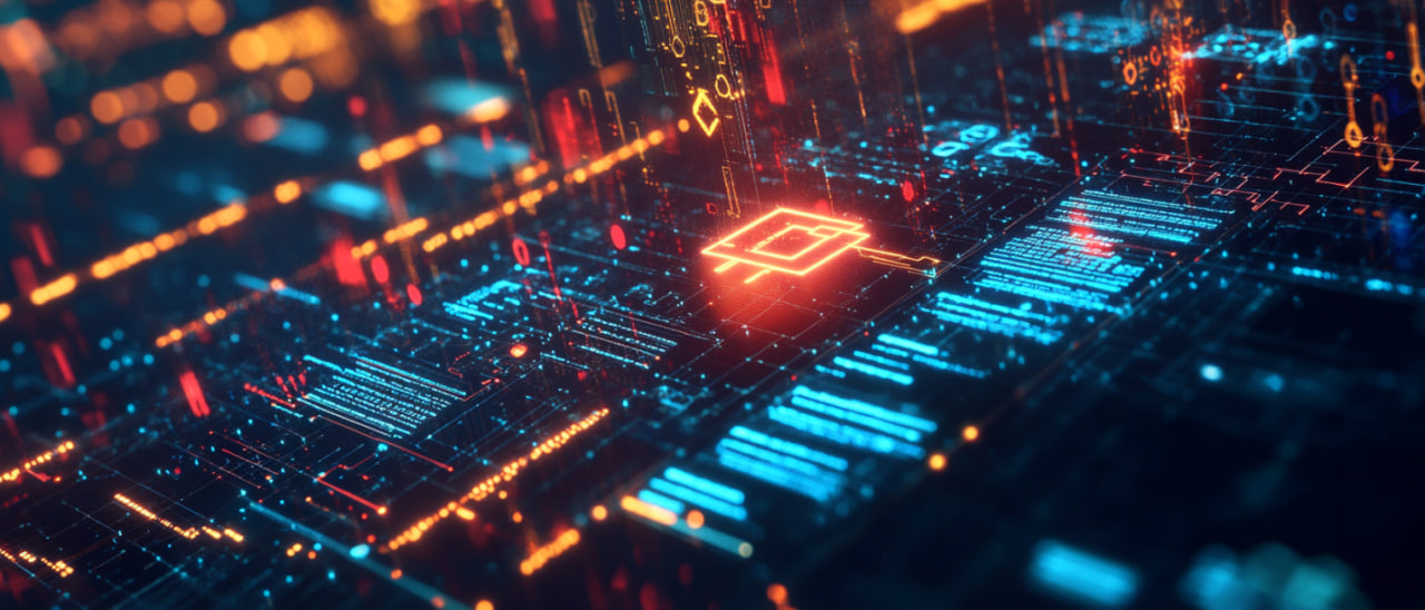 Digital blockchain schematic with asset management charts and data