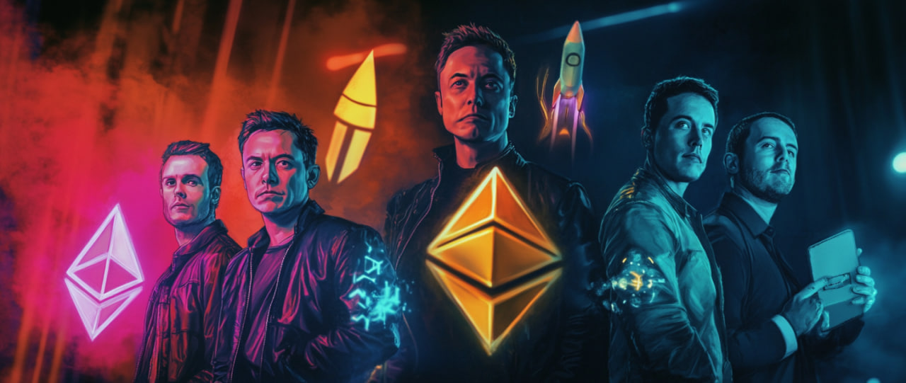 Five key figures in the crypto industry: Vitalik Buterin, Elon Musk, Beeple, Jack Dorsey, and Andreas Antonopoulos.