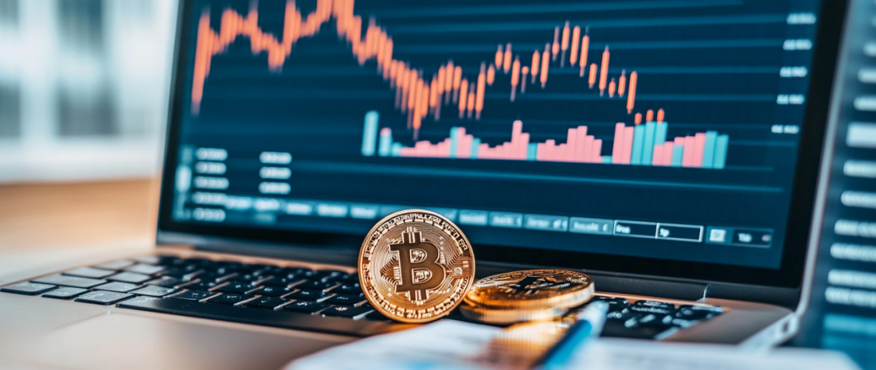 Laptop displaying Bitcoin charts on an office desk.