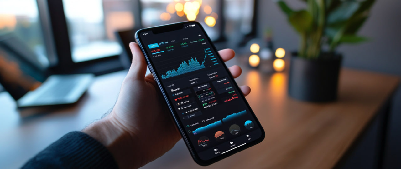 Smartphone screen showing an investment app for cryptocurrencies and stocks