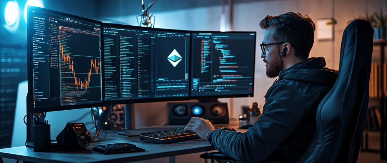 Benjamin Cowen sitting at a desk with multiple screens displaying cryptocurrency charts and his YouTube channel 'Into the Cryptoverse'