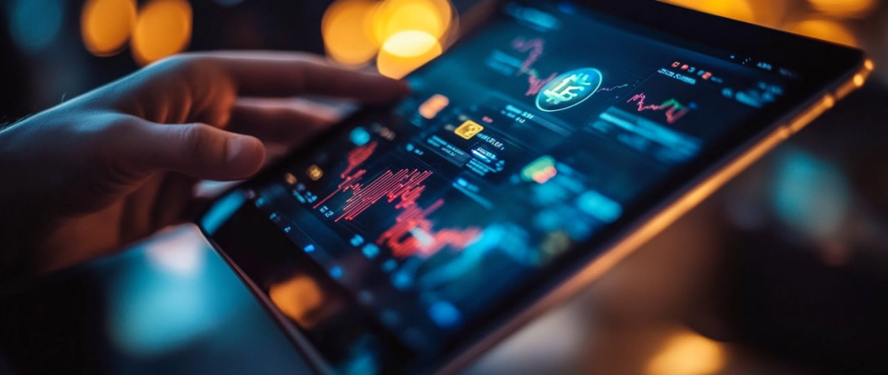 Hand holding a tablet showing ETP cryptocurrency charts