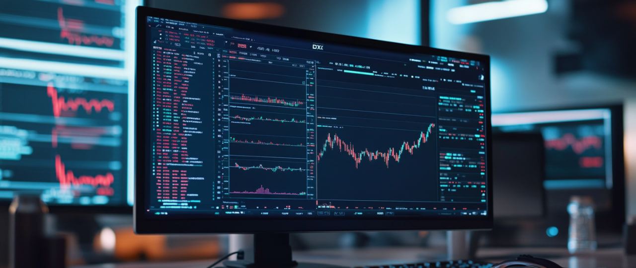 Charts and interface of the DTX Exchange cryptocurrency platform on the screen