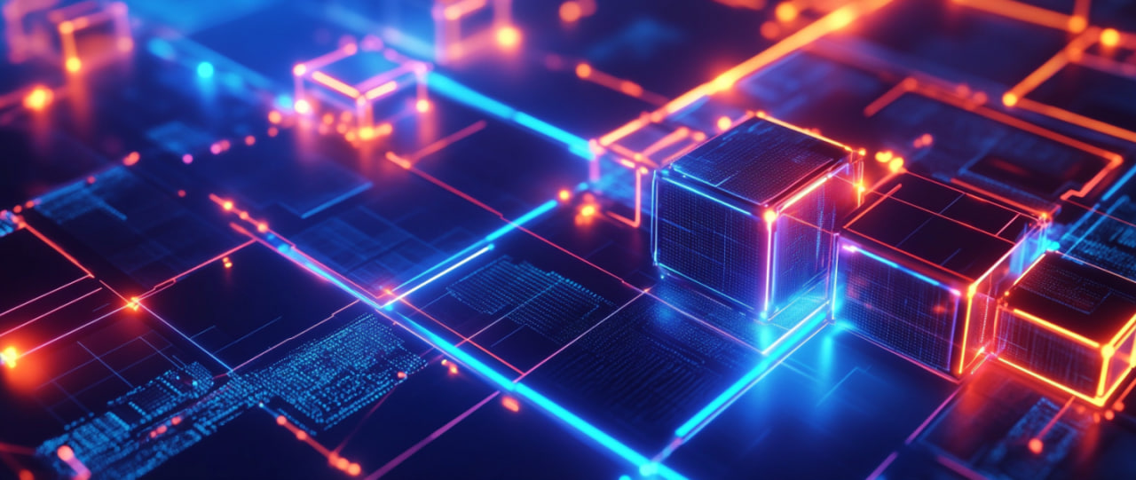 Diagram of blockchain architecture with segmented blocks and nodes