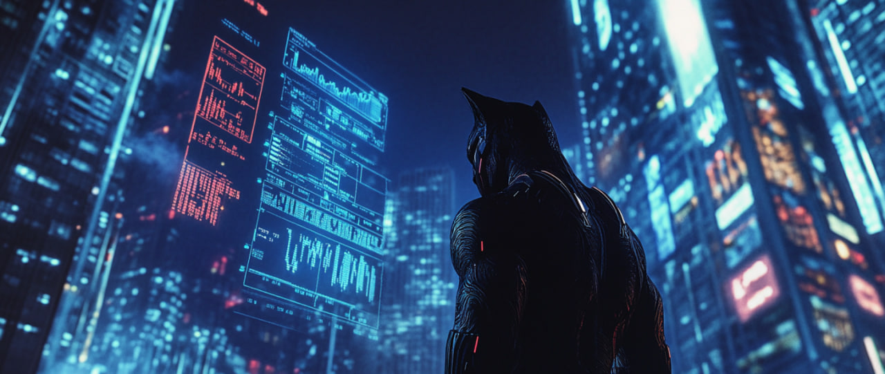 Black panther walking through a futuristic city at night, skyscrapers adorned with cryptocurrency charts and coins