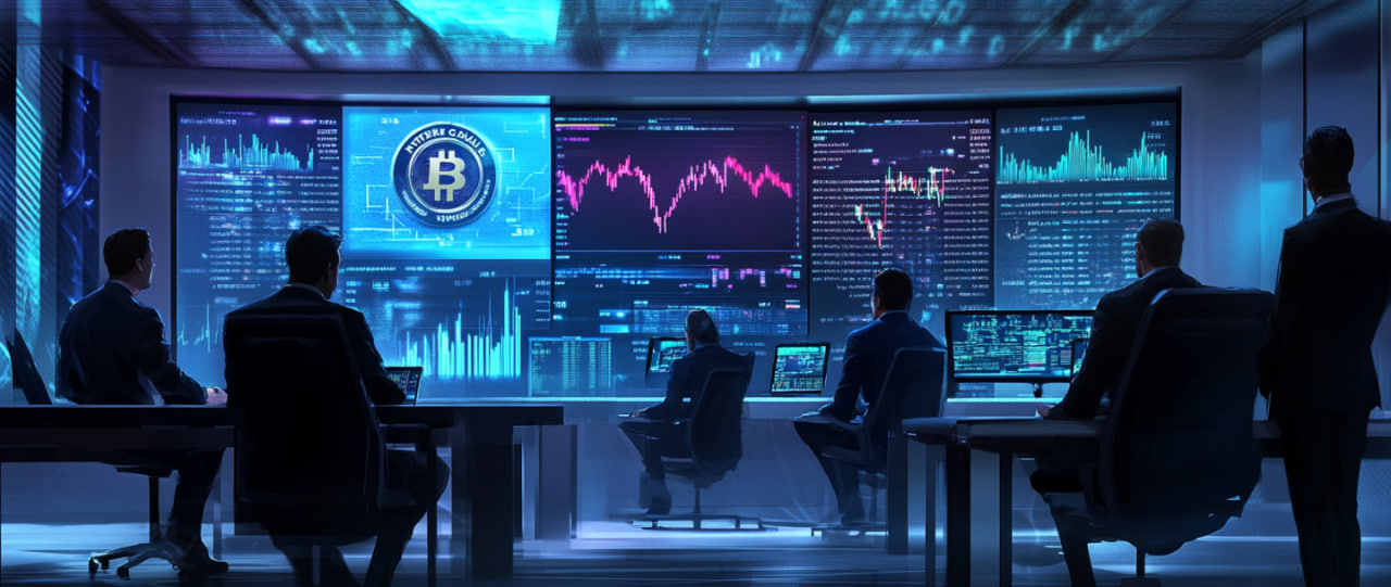 Meeting room where executives discuss investment strategies, with cryptocurrency charts and blockchain visualizations displayed on screens, symbolizing Pantera Capital's influence.