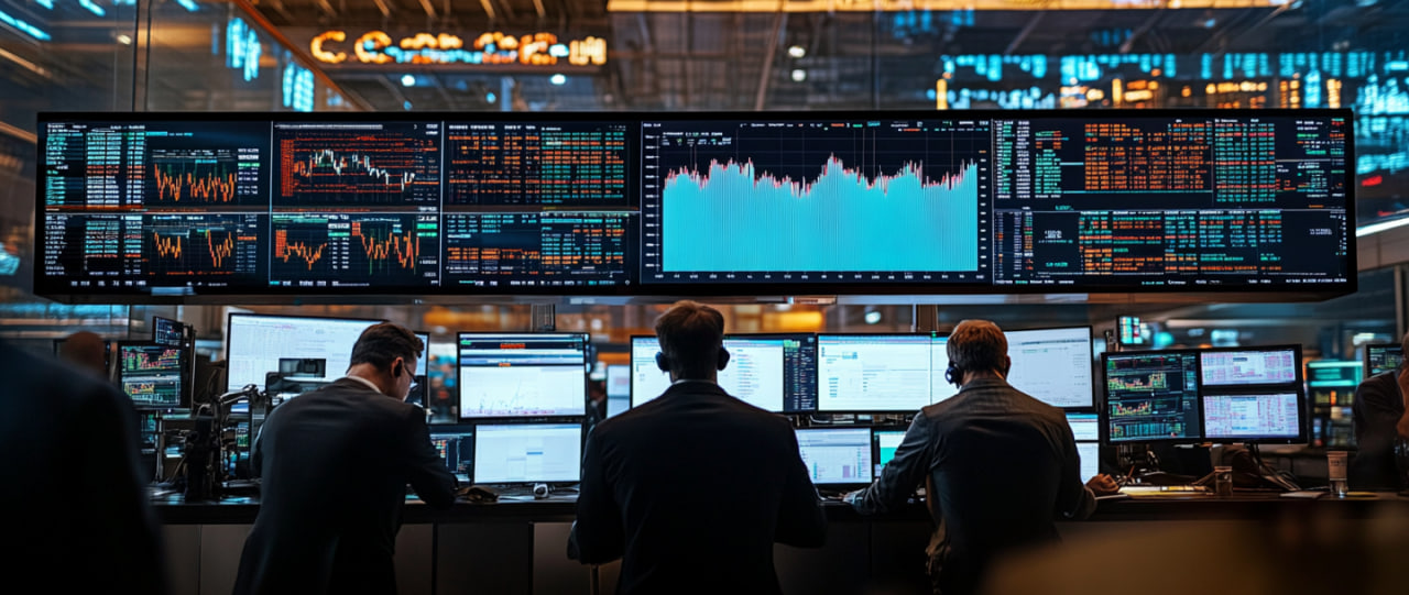 CME Group traders working with Bitcoin futures, showing price charts.