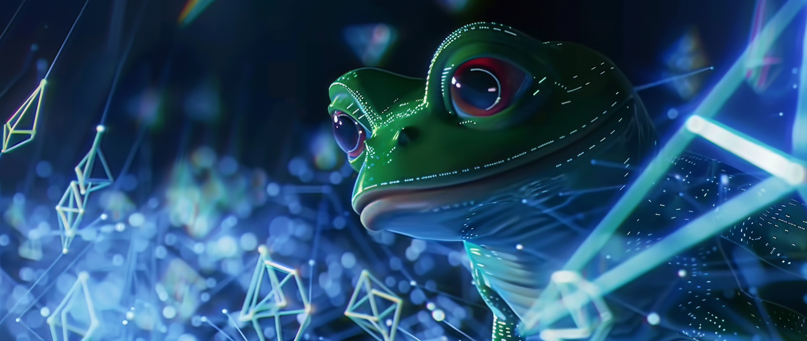 Pepe Unchained: meme frog among blockchain symbols