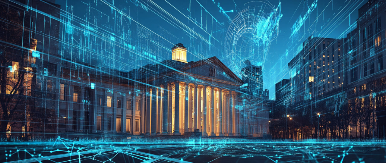 Image of TRM Labs' collaboration with the U.S. Department of the Treasury and financial institutions against a backdrop of cryptocurrency networks and global data.