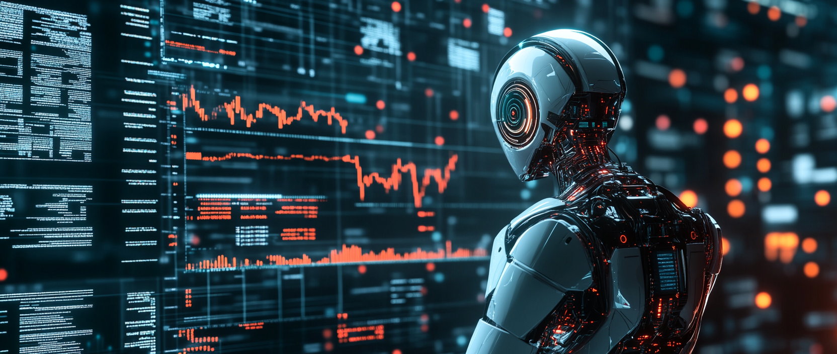 A trading robot and cryptocurrency charts showcasing AI in action