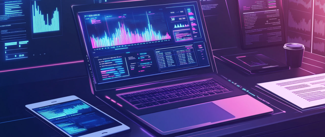 Workspace with a laptop showing crypto charts on the Upbit platform.