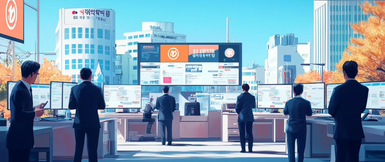 Bithumb cryptocurrency exchange office in South Korea with employees following strict KYC and AML procedures, and symbols of government oversight