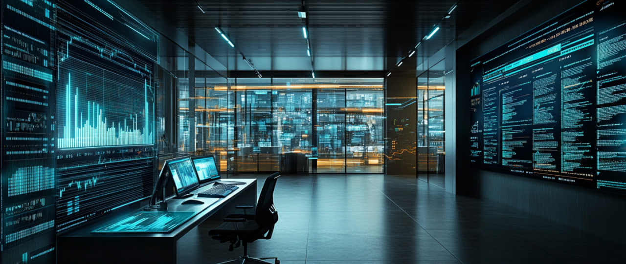 BNY Mellon office with digital screens and cryptocurrency charts.