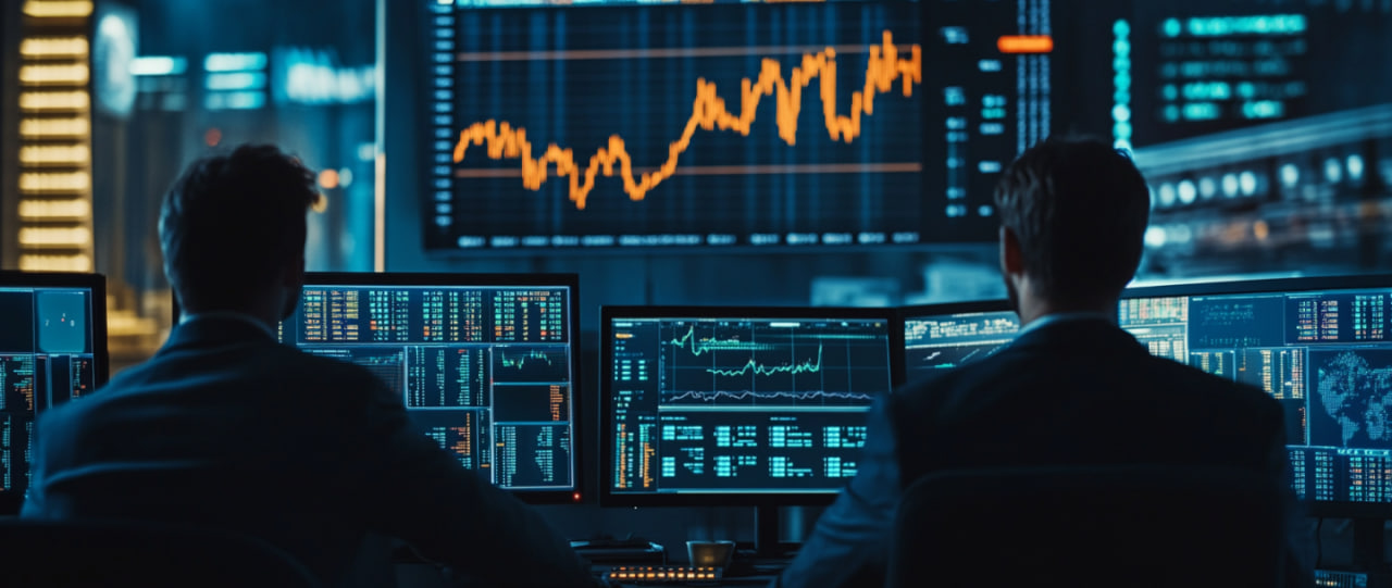 Monitors with charts, traders working with Leverage Shares instruments.