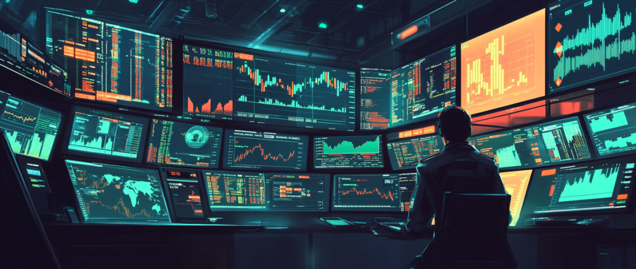 A trader looking at multiple screens with charts in the background, displaying strategies like day trading, hedging, and speculative deals