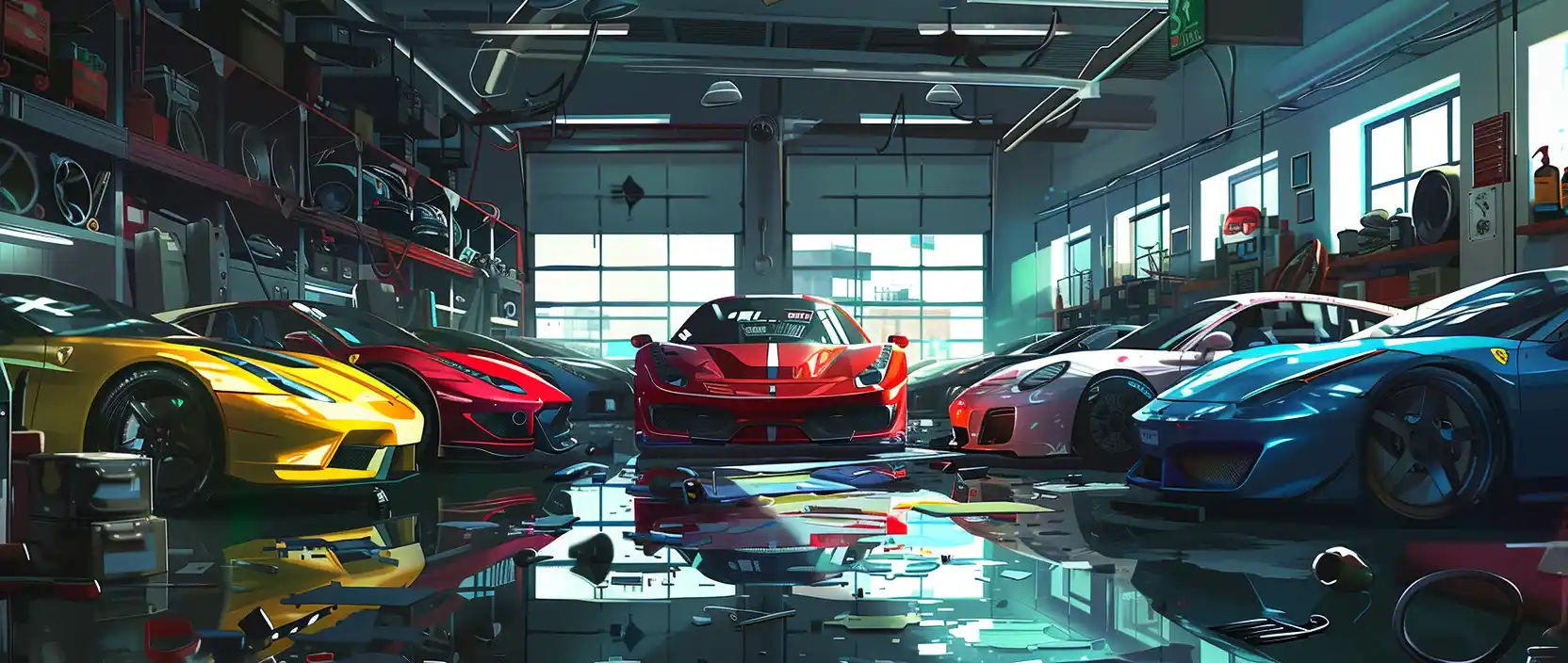 Sports cars in a garage ready for upgrade