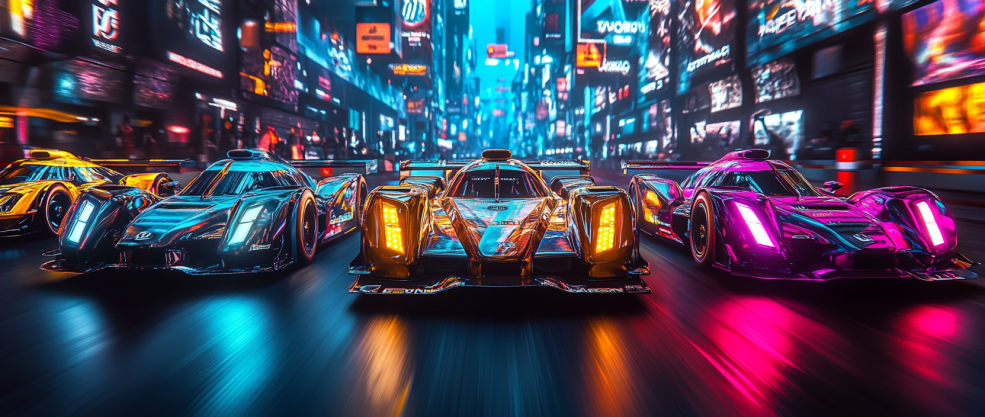 Digital race cars on a futuristic starting line with neon lights