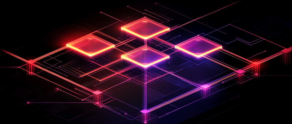 Futuristic blockchain diagram with connections in a cyberpunk style