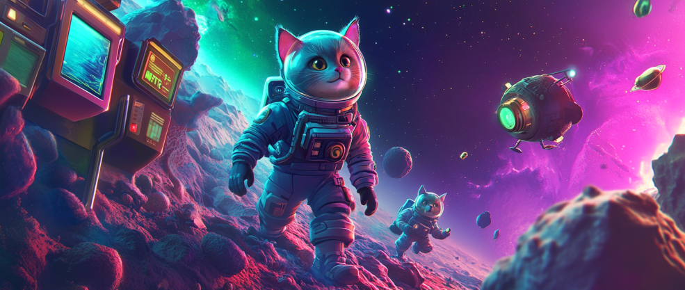 Space background with an explorer cat and interactive game elements