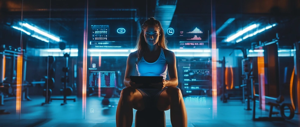An athlete using the DEFIT app on a tablet surrounded by digital elements