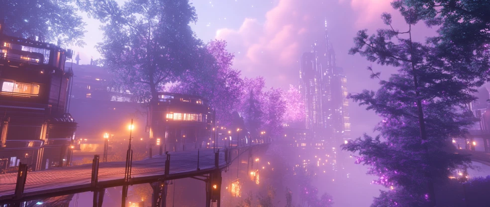 A mystical city in Treeverse surrounded by magical trees and atmospheric light