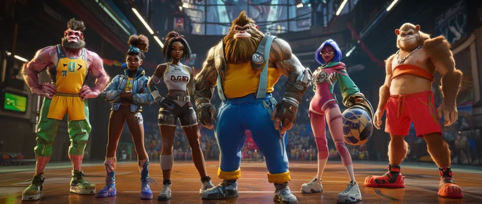 Basketball court with Rumble Kong League characters in an esports-themed style