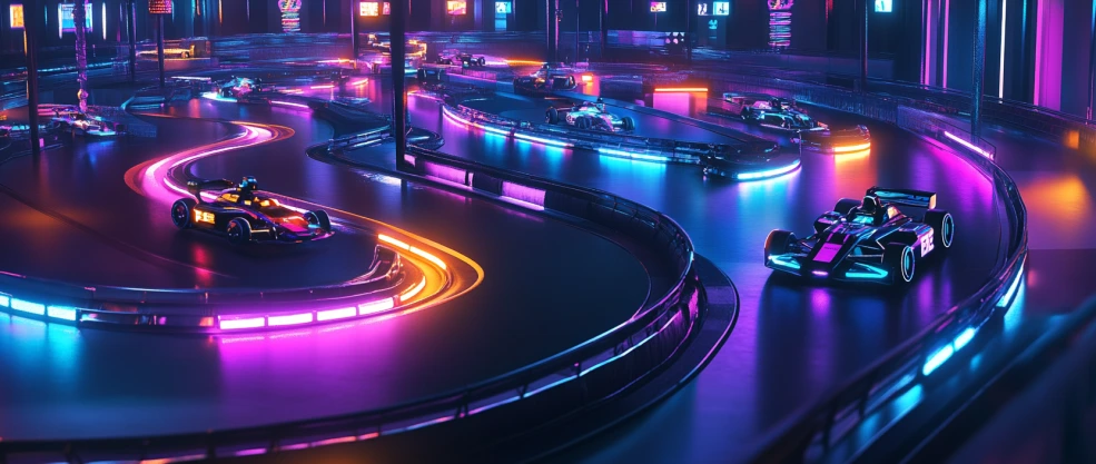 Formula Funtico race scene with a futuristic car and neon highlights