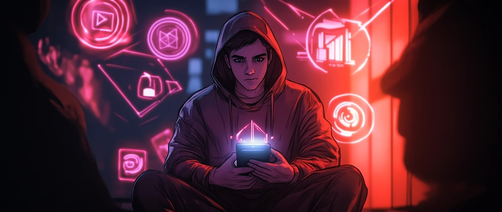 Персонаж играет в NOTMEME App на смартфоне, вокруг символы TON и Telegram