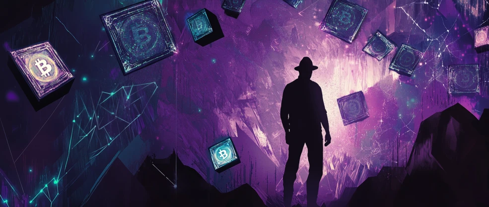 Silhouette of a miner surrounded by digital tokens and blockchain network