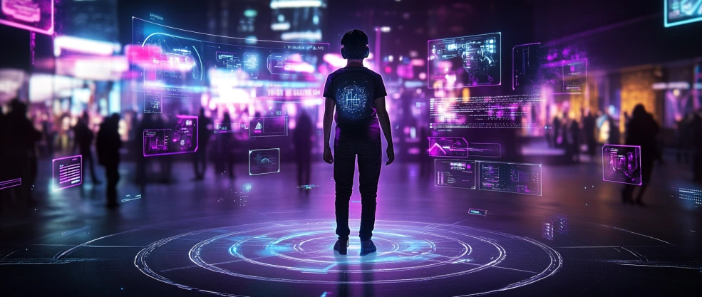 GamerBoom gaming world with cyberpunk elements and holographic interfaces